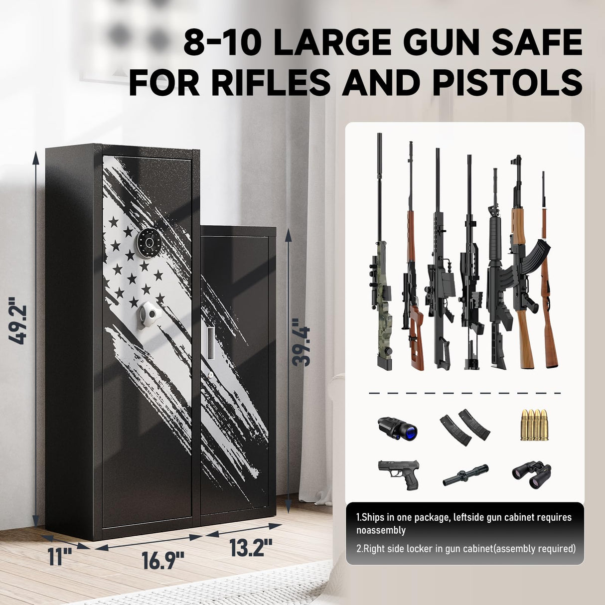 KAER 8-10 Gun Safe, Large Gun Safe for Rifles and Pistols, Quick Access Home Gun Rifle Safe and Storage Gun Locker Cabinet with 4 Pistol Pouches and Removable Shelf for Shotgun, Firearm, Ammo KAER