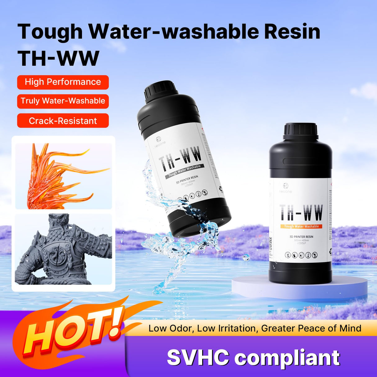 RESIONE Upgraded Water Washable 3D Printer Resin, Excellent Toughness High Precision Crack-Resistant Resin for 3D Printer,Low Deformation Resin, 1KG, Flame Orange RI RESIONE