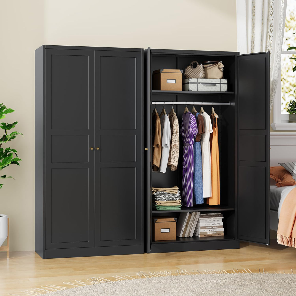 LISSIMO Metal Wardrobe Closet Cabinet,Armoire Wardrobe Closets Storage Cabinets with Doors and Shelves for Laundry Room,Bedroom,Home Office,Bathroom(Black LISSIMO