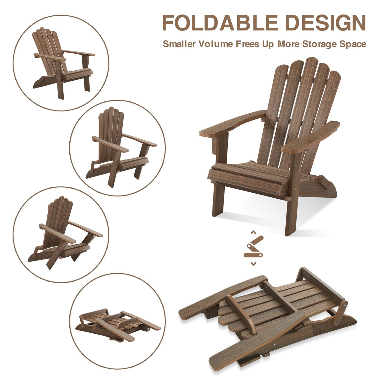 ACUEL Folding Adirondack Chair, Poly Lumber Fire Pit Chair, Durable All-Weather Patio Chairs for Garden, 350 Lbs Support Oversized Adirondack Chair (Bright Brown, 1 pc) ACUEL