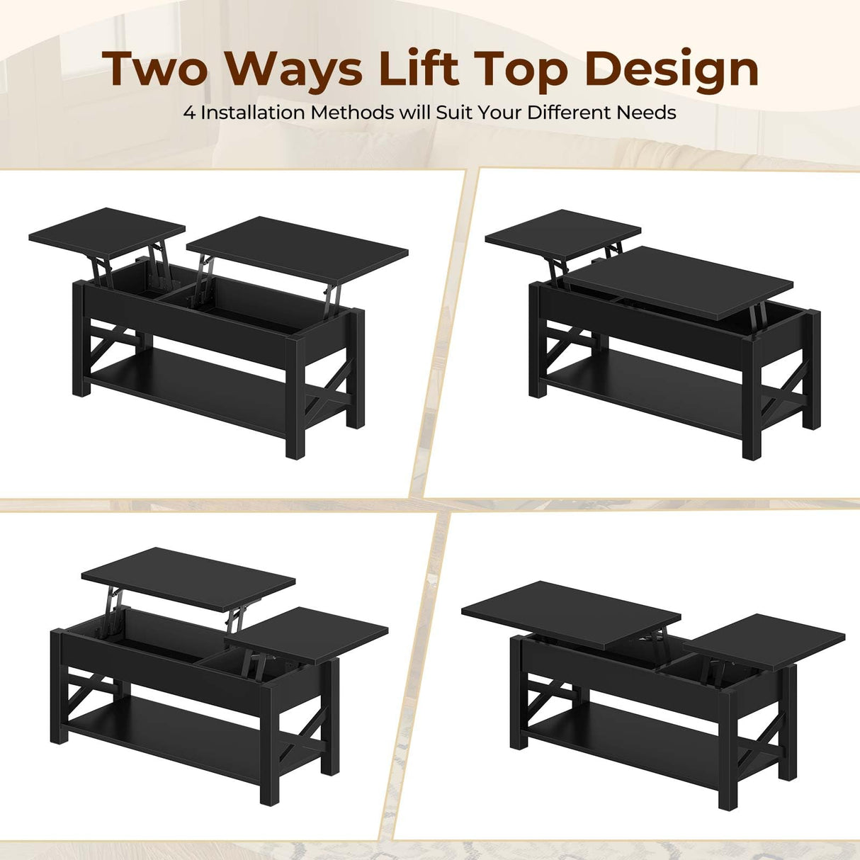 Rolanstar Coffee Table 47.2", 2 Way Lift Top Farmhouse Center Table with Hidden Compartment, Open Shelf & X Wooden Support for Living Room, Black Rolanstar