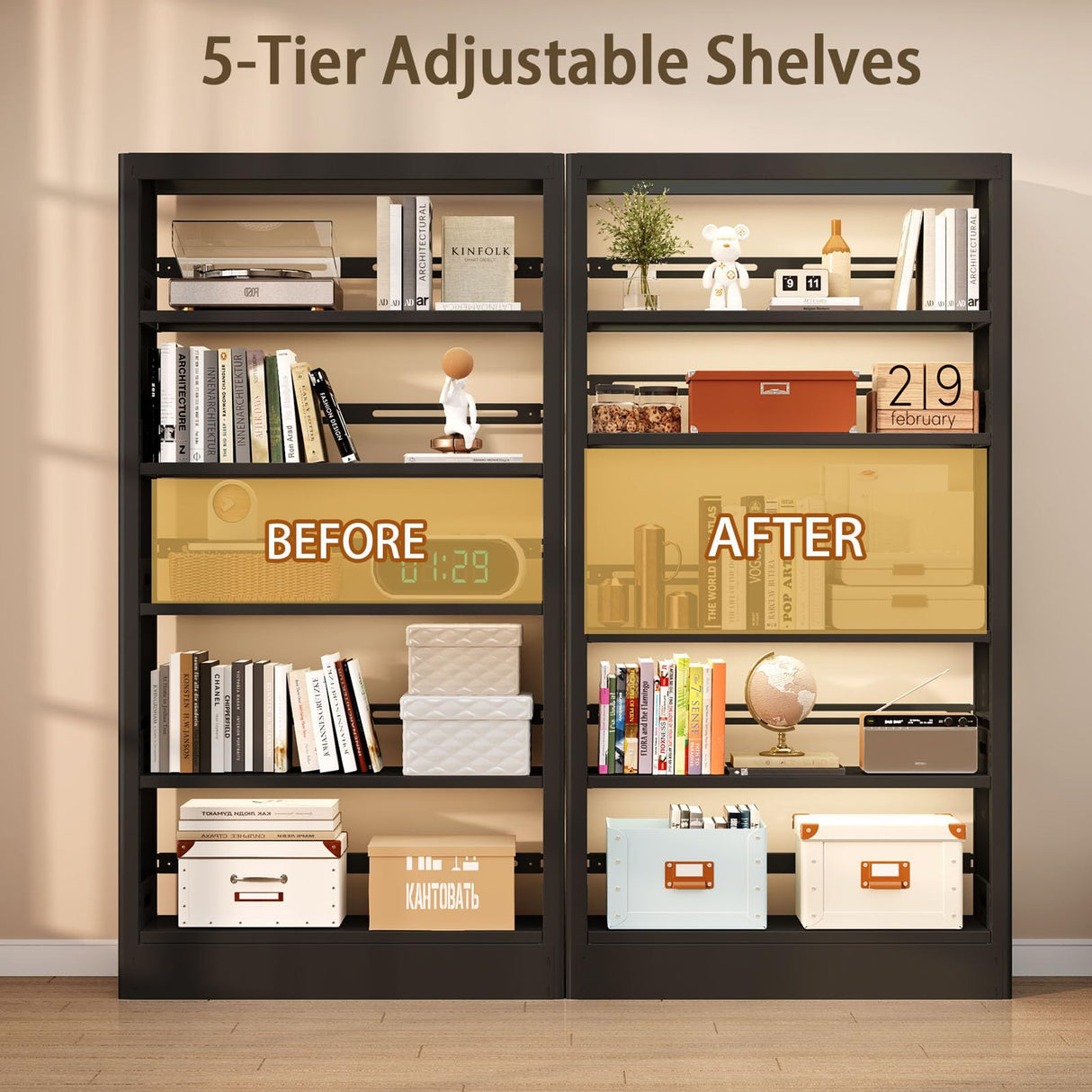 71"H Metal Bookshelf, 5 Tier Bookcase with Adjustable Shelves, Tall Bookcase,Heavy Duty Storage Bookshelves for Library, Office, Bedroom, Living Room, Classroom, Including Book Stopper (Black) Guomao