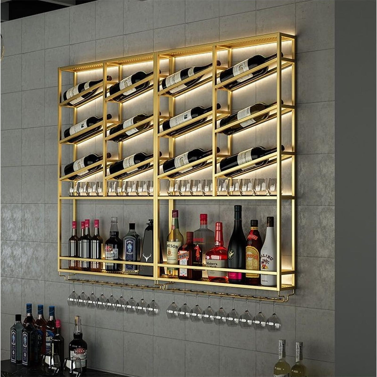 SUZEPER LED Industrial Wine Rack Wall Mounted,with Wine Glass Rack Floating Bar Shelves,Rack Iron Display Stand Wine Holder,Storage Racks Countertop,for Home Restaurant Bars SUZEPER