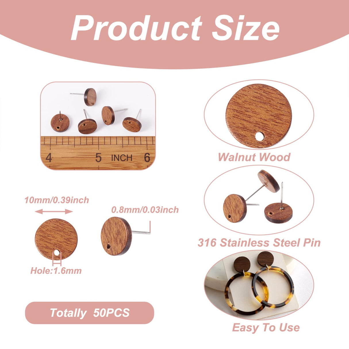 Pandahall 50pcs Walnut Wood Flat Round Earring Stud 10mm Natural Wooden Earring Stud with 316 Stainless Steel Findings for DIY Earrings Making, Hole: 1.6mm PH PandaHall