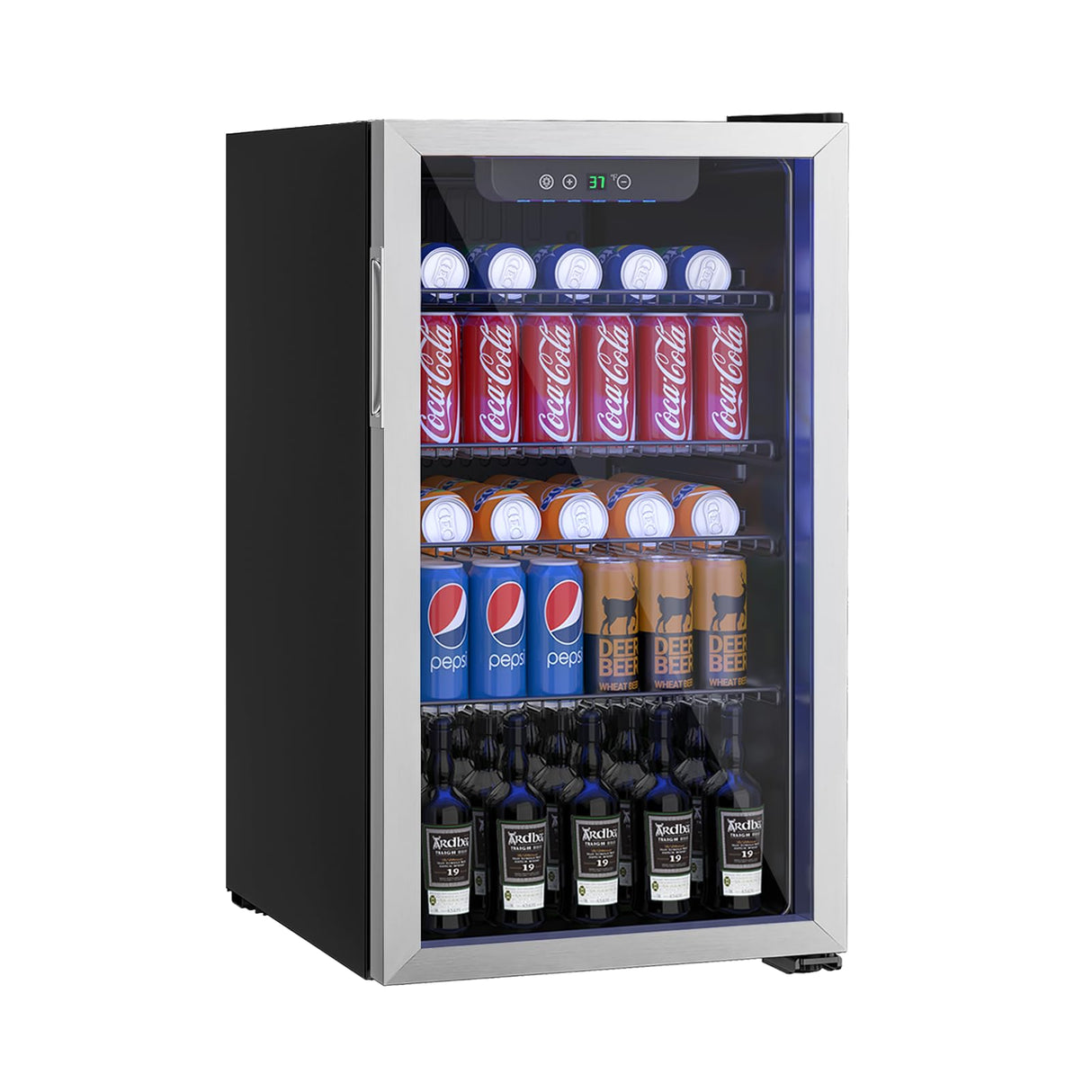 Erivess Compact Beverage Refrigerator,126 Can/3.2 Cubic Feet Fridge with Glass Door for Soda, Beer Under Counter Small Refrigerator with Adjustable Shelve & LED Display(Silver) Erivess