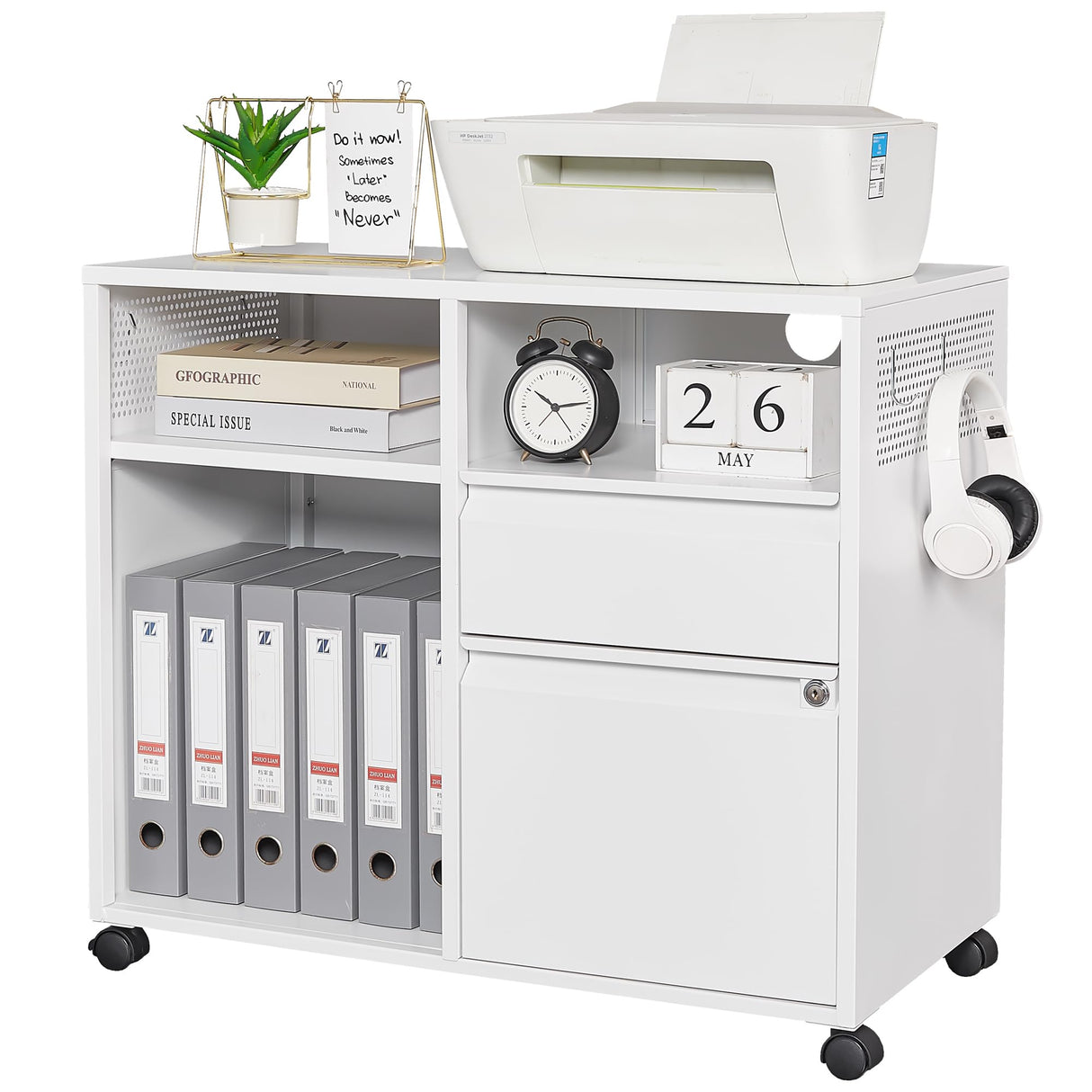 Letaya Mobile File Cabinet, Metal Lateral Rolling Printer Stand Filing Cabinets with Shelves for Home Office-Storage A4/F4/Letter/Legal (White) Letaya