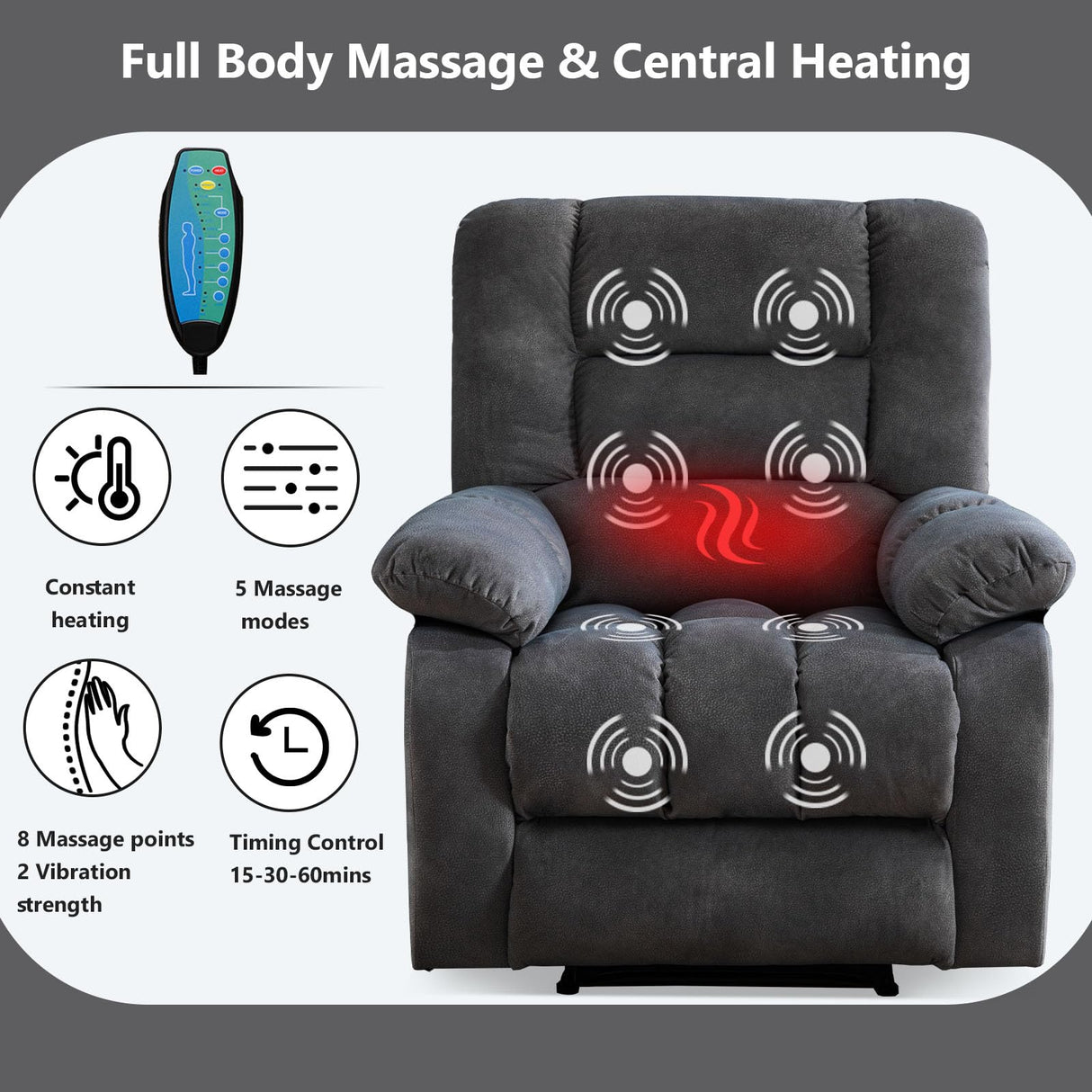 ANJHOME Massage Recliner Chairs with Heat and Vibration,Overstuffed Manual Rocking Reclining Chair for Living Room Bedroom (Grey) ANJ