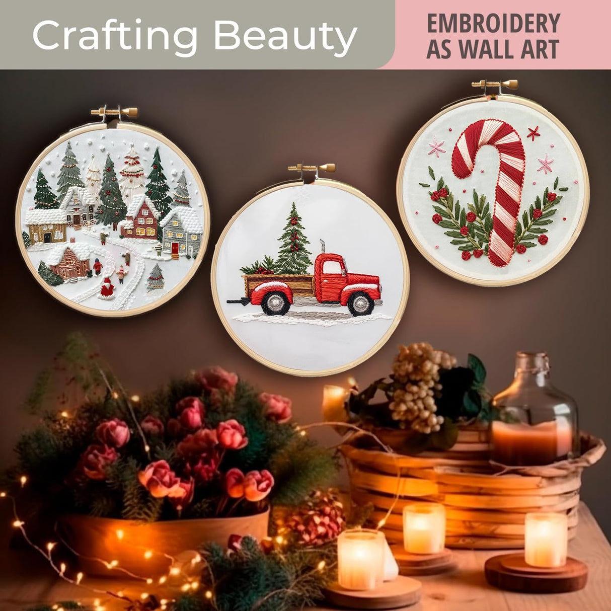 TINLOK Christmas Embroidery KIT,Adults Kids DIY Handmade,Hand Embroidery Starter Kits with Stamped Embroidery Pattern,for Christmas Embroidery Kits for Adults Beginners Starter (C) TINLOK
