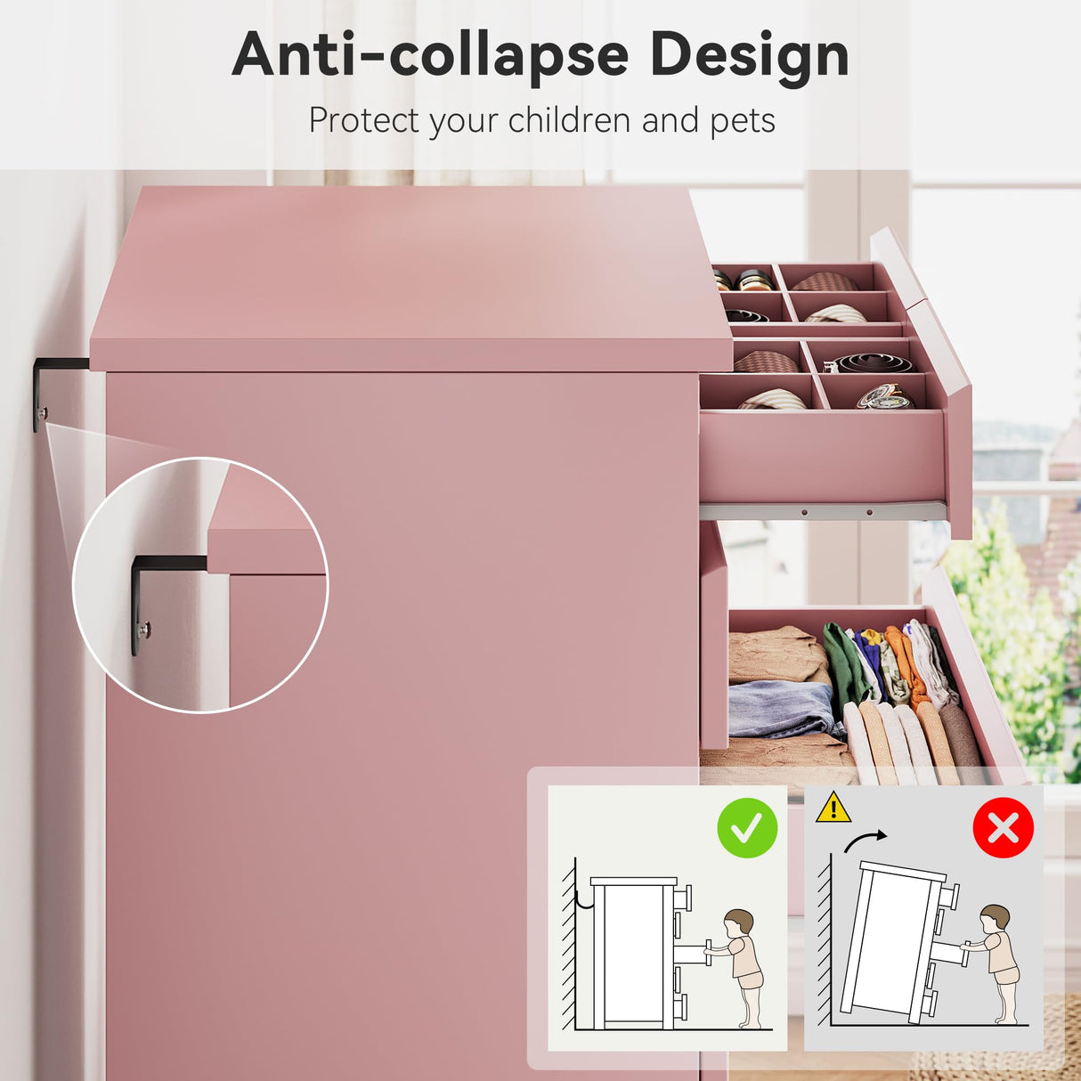 Pink Tall 7 Drawer Dresser for Bedroom, Modern Wood Closet Dressers & Chests of Drawers with Jewelry Storage, 23.6" L*15.8" W*47.5" H in Large Vertical Dresser for Bedroom, Living Room, Nursery Jocoevol