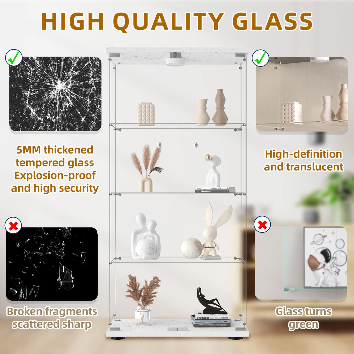 HAMBING Glass Display Cabinet 4 Shelves with Light and Lock, 2 Doors Trophy Curio Jewelry Cabinet Collection Display Showcase, for Bedroom, Office, HAMBING