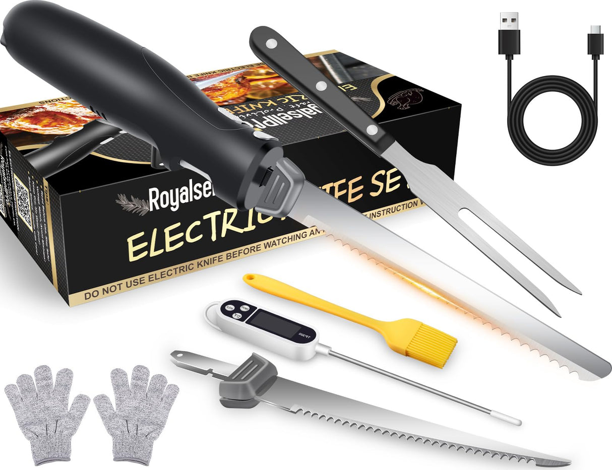 Cordless Rechargeable Electric Knife Easy Slice and Assemble with Storage Case, Wireless Serrated Edge Blades Slicer Set with Ergonomic Handle and Safety Lock for Turkey, Meat, Sourdough, Ribs, Fillet and Foam Royalsellpro