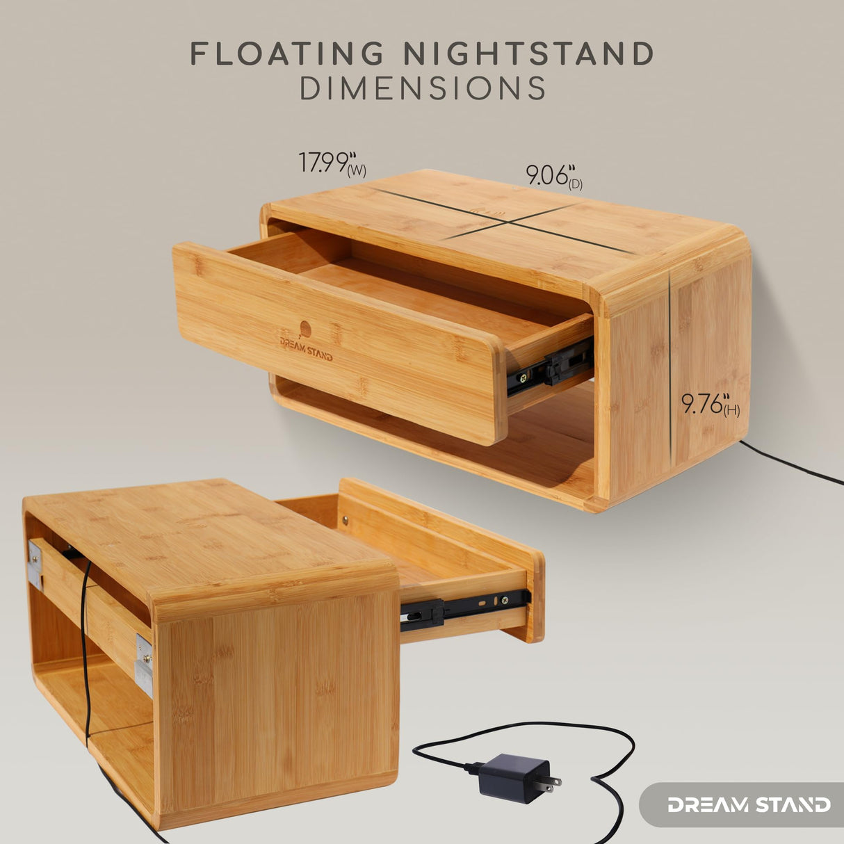 Floating Nightstand with Drawer & Charging station/Wall Mounted Bedside Table, Floating Shelf Nightstands for Small Spaces/Modern Bamboo Wall Mounted Night stand for Bedroom & Living Room/Easy Install Generic