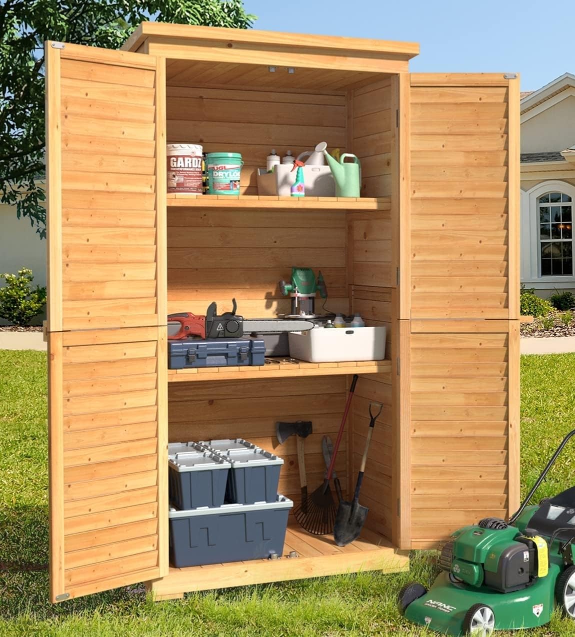 Gizoon Outdoor Storage Cabinet with 3 Shelves, Double Lockable Wooden Garden Shed with Waterproof Roof, Outside Vertical Tall Tool Shed for Yard Patio Lawn Deck-Natural Gizoon