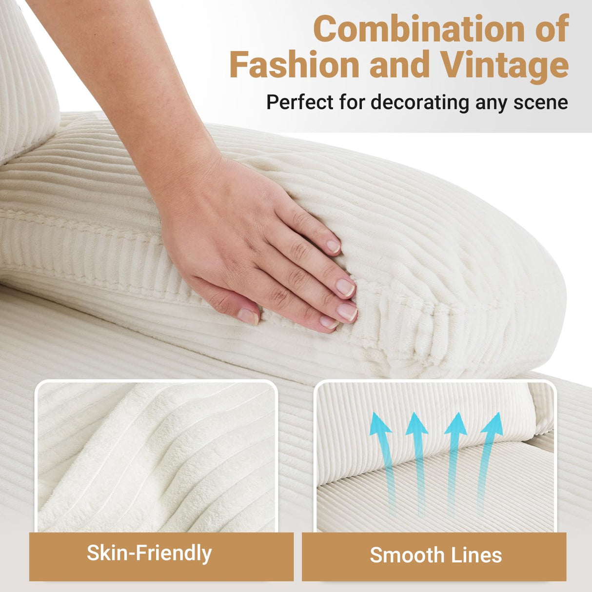 VINGLI 110' U Shaped Comfy Sectional Couch, Double Chaise Sofa in Corduroy Fabric for Apartment, 4-Seater Upholstered Couch with Memory Foam, Modern Couches for Living Room, Small Space, Beige VINGLI