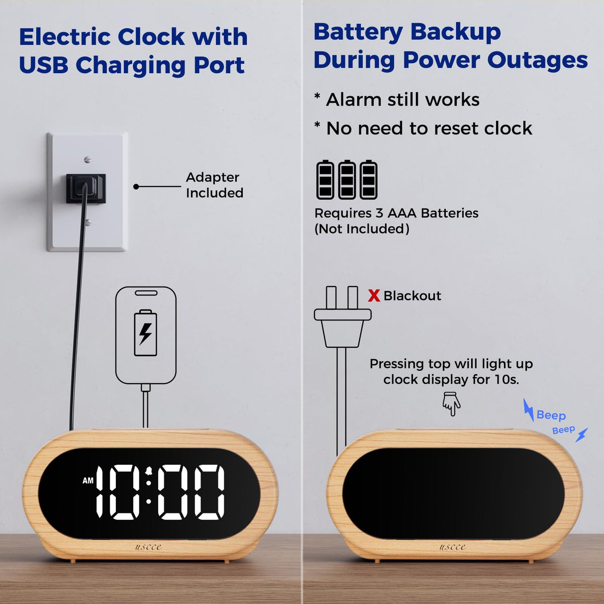 uscce Small Digital Clock for Bedroom: 6 Dimmable Brightness 4 Alarm Volume - Plug in Clock with Easy Operation for Bedside Desk Wood Grain uscce