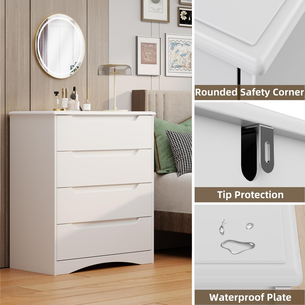Bealife Dresser for Bedroom, 4 Drawer Dressers Chest of Drawers with Anti-Tripping Device, White Dresser for Closet with Embedded Handles, Closet Chests Organizer for Hallway, Living Room (White) Bealife