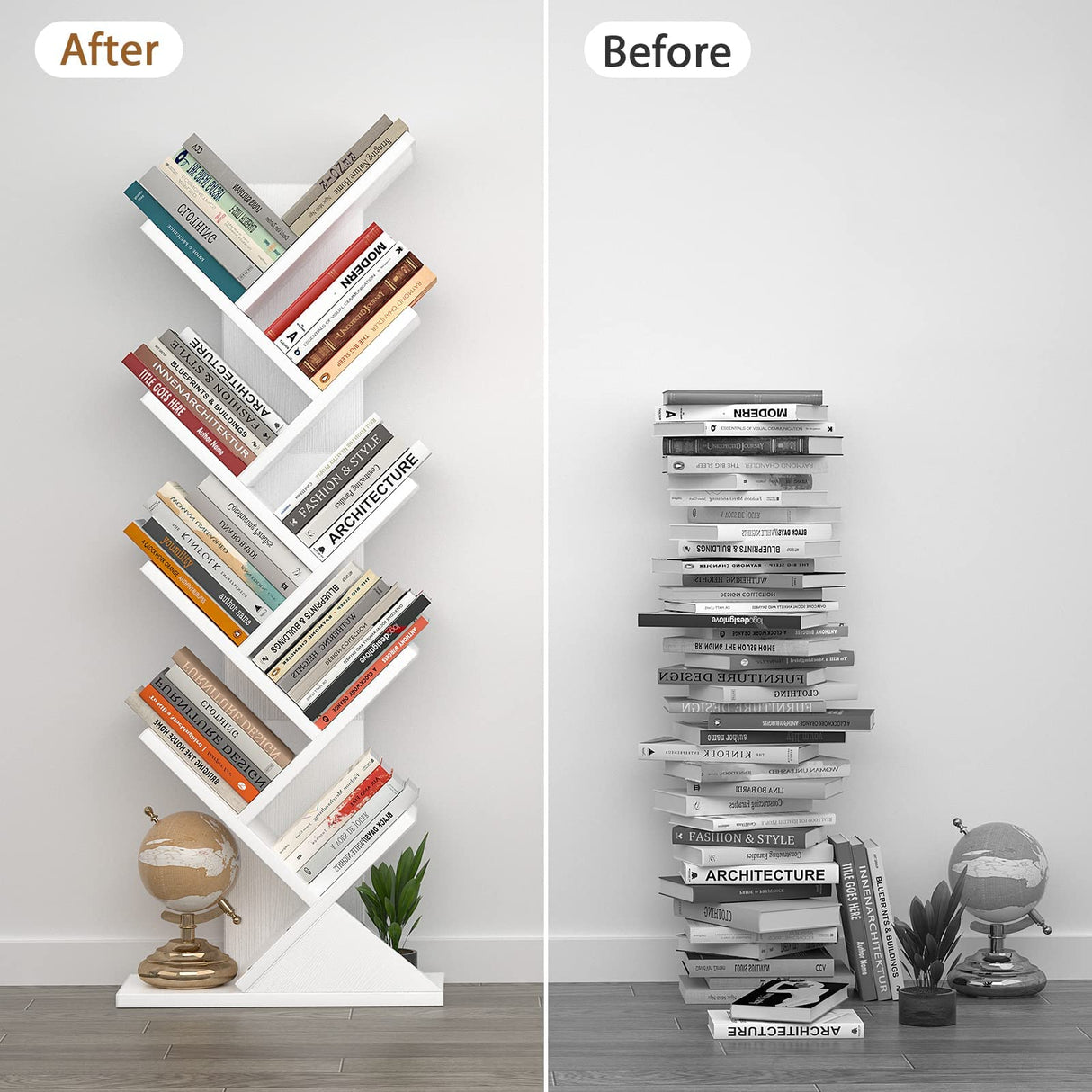 Topfurny Tree Bookshelf, 9-Tier Shelf Rustic Brown Bookcase, Retro Wood Storage Rack for CDs/Movies/Books, Anti-Fall Utility Organizer Shelves for Living Room, Bedroom, Home Office, White Topfurny