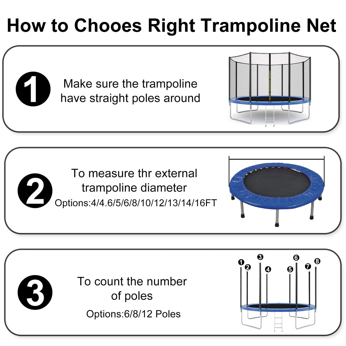 SUOGROLI Trampoline Safety Net, 4/4.6/5/6/8/10/12/13/14/16FT Garden Trampoline Replacement Fences, Kids Protective Net,244cm-6Poles-8ft,Black SUOGROLI