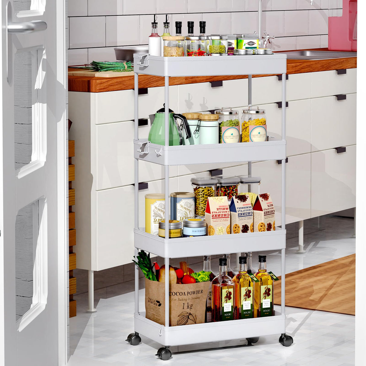 SPACEKEEPER Storage Cart, 4-Tier Mobile Shelving Unit, Bathroom Rolling Cart Utility Storage Organizer Shelf for Kitchen Living Room Bathroom Laundry Room & Dressers, Gray SPACEKEEPER