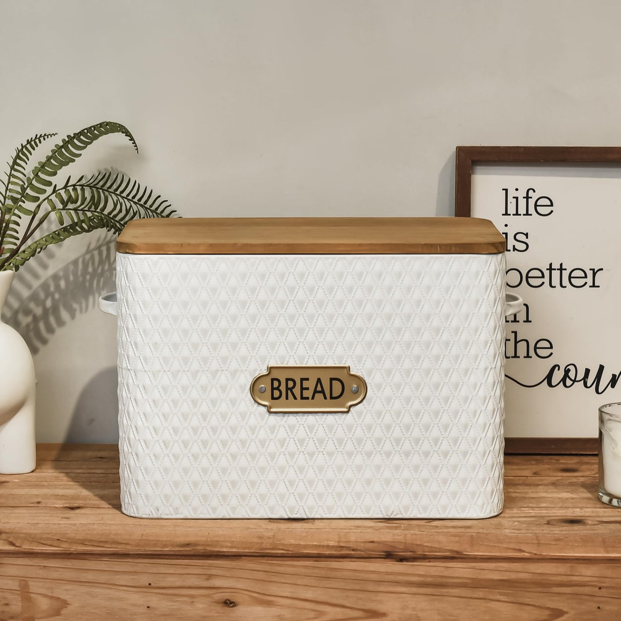 EMAX HOME Farmhouse Style Rectangle Bread Box with Wooden Lid Vertical Spacious Bread Storage Container for Kitchen Countertop White(16.5 * 9 * 6.3 Inches EMAX HOME