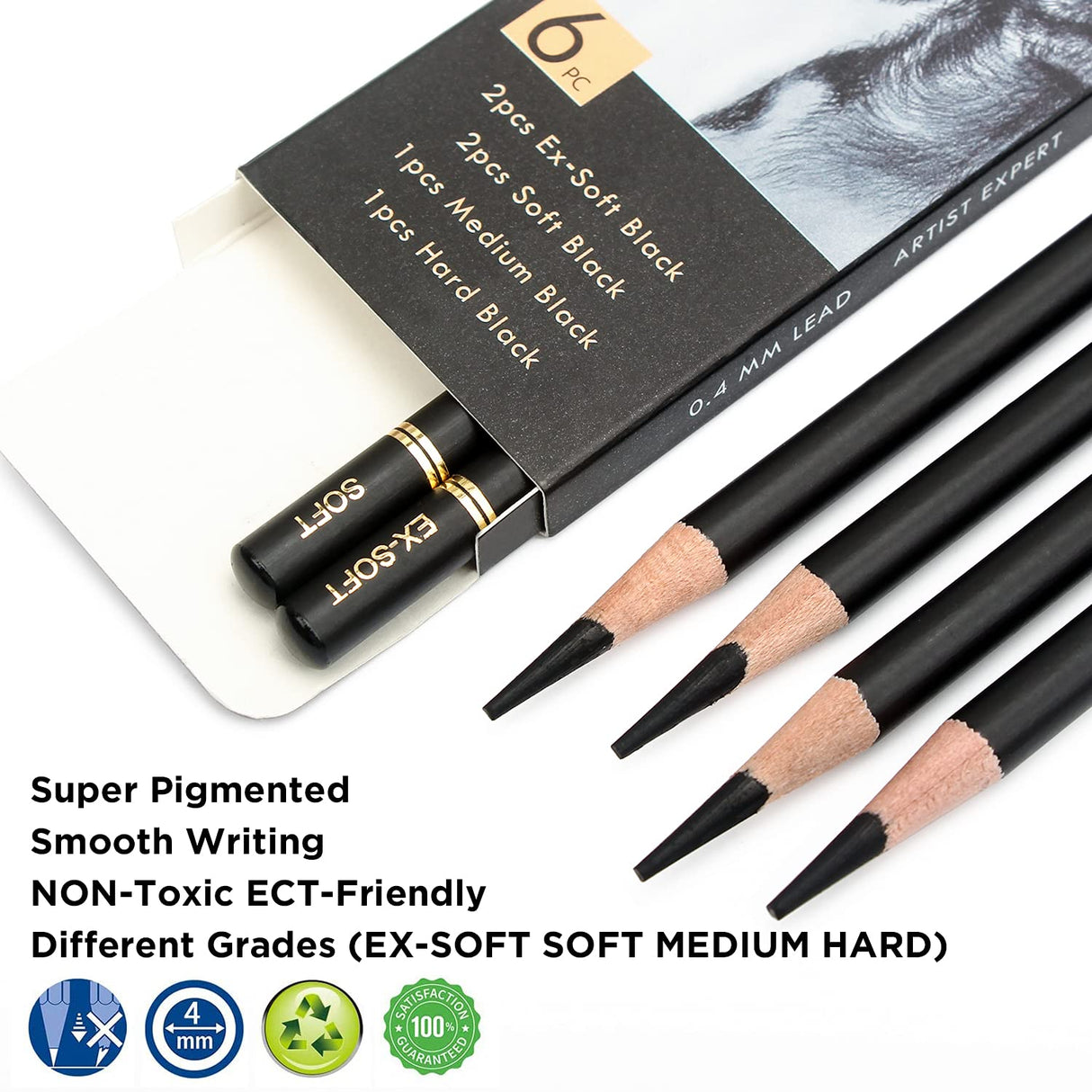 Brusarth Professional Charcoal Pencils Drawing Set - 6 Pieces Soft Medium and Hard Charcoal Pencils for Drawing, Sketching, Shading Brusarth