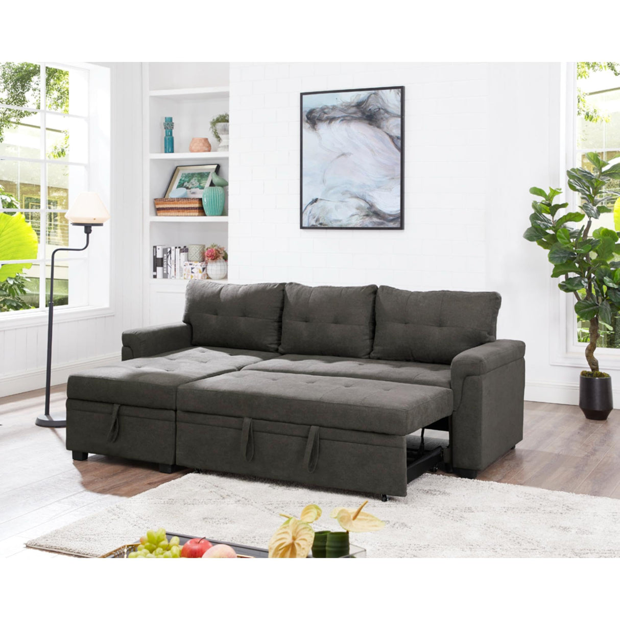 Naomi Home Jenny Tufted Sectional Sofa Sleeper with Storage Chaise, Pull-Out Couch with Storage, Sectional Sofa Bed, L-Shaped Reversible Sleeper Sofa with Storage, Dark Brown, Velvet Naomi Home