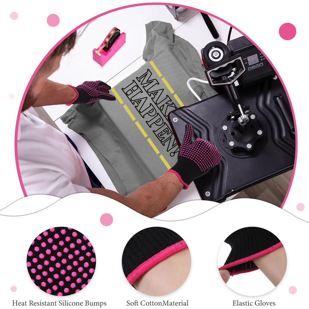 Kosiz 20 Pcs Heat Tape Dispenser Set 2 Heat Resistant Gloves with Silicone Bumps 6 Multi Size Heat Tape for Sublimation Mini Cutter Pen Set Nonskid Weighted Base Tape Holder for Heat Press (Rose Red) Kosiz