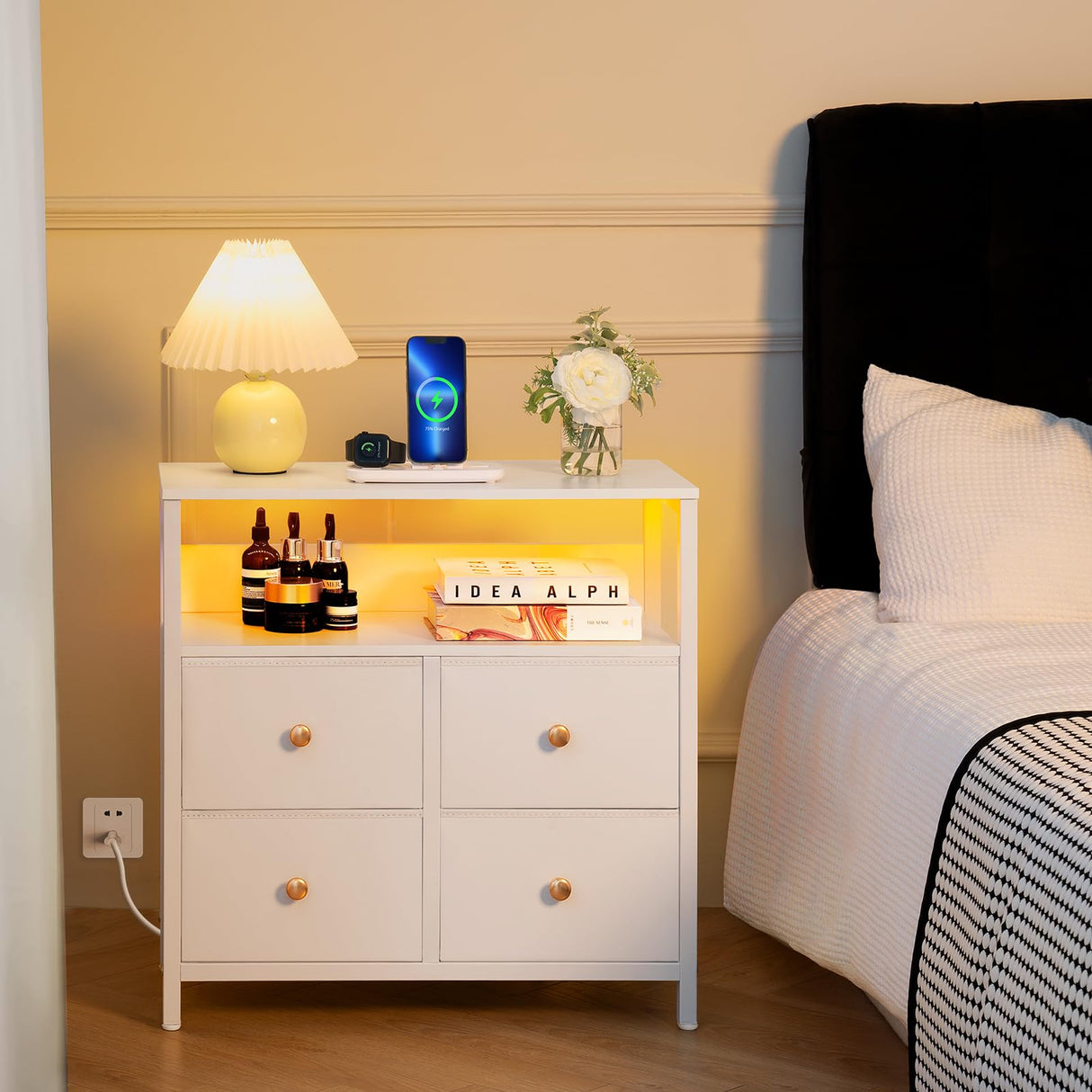 Yoobure Night Stand with Charge Station, Nightstand with 4 Drawers Bedside Table, LED Dresser with Storage Shelf, Night Stands for Bedroom, Side Table 3-Tier Wood End Table for Home, Office White Yoobure