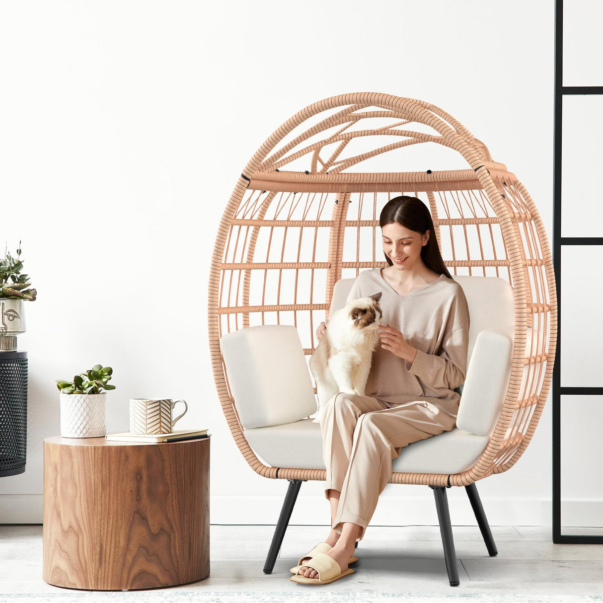 ZENPETIO Wicker Egg Chair, Oversized Indoor Outdoor Lounger with 4 UV Resistant Cushions, Storage Bag, All-Weather Wicker Egg Lounger Chair for Patio, Backyard, Living Room, 370lbs Capacity - White ZENPETIO