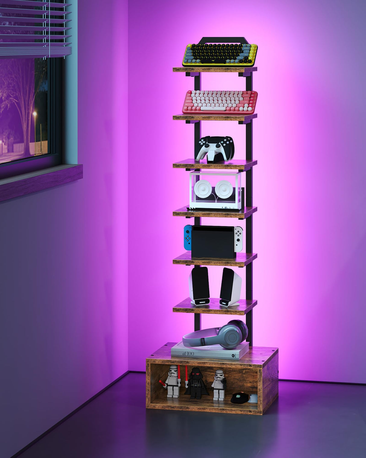 CHOEZON 8-Tier Bookshelf, LED Bookcase with Semi-Open Bottom, Small Space Standing Shelf with Lights, Corner Storage Stand, for Living Room, Home Office, Bedroom, Rustic Brown TSJ08DBF CHOEZON