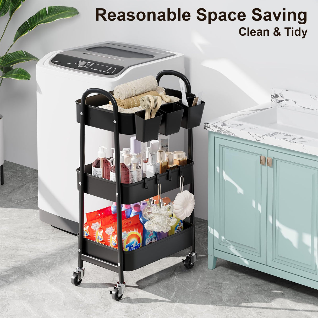 3 Tier Black Metal Rolling Cart with Lockable Wheels & Hanging Cups, Utility Storage Organizer for Bathroom, Kitchen, Laundry, Garage, Craft, Baby Diaper, Snack and Book, Easy Assembly Recximi