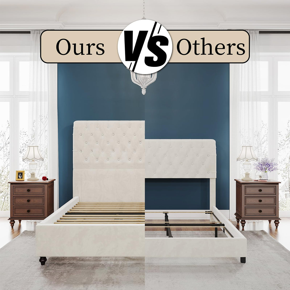 PaPaJet Bed Frame Queen Size Upholstered Platform Bed with 52.8'' Tall Sleigh Headboard, Button Tufted, No Box Spring Needed, Easy Assembly, Cream PaPaJet