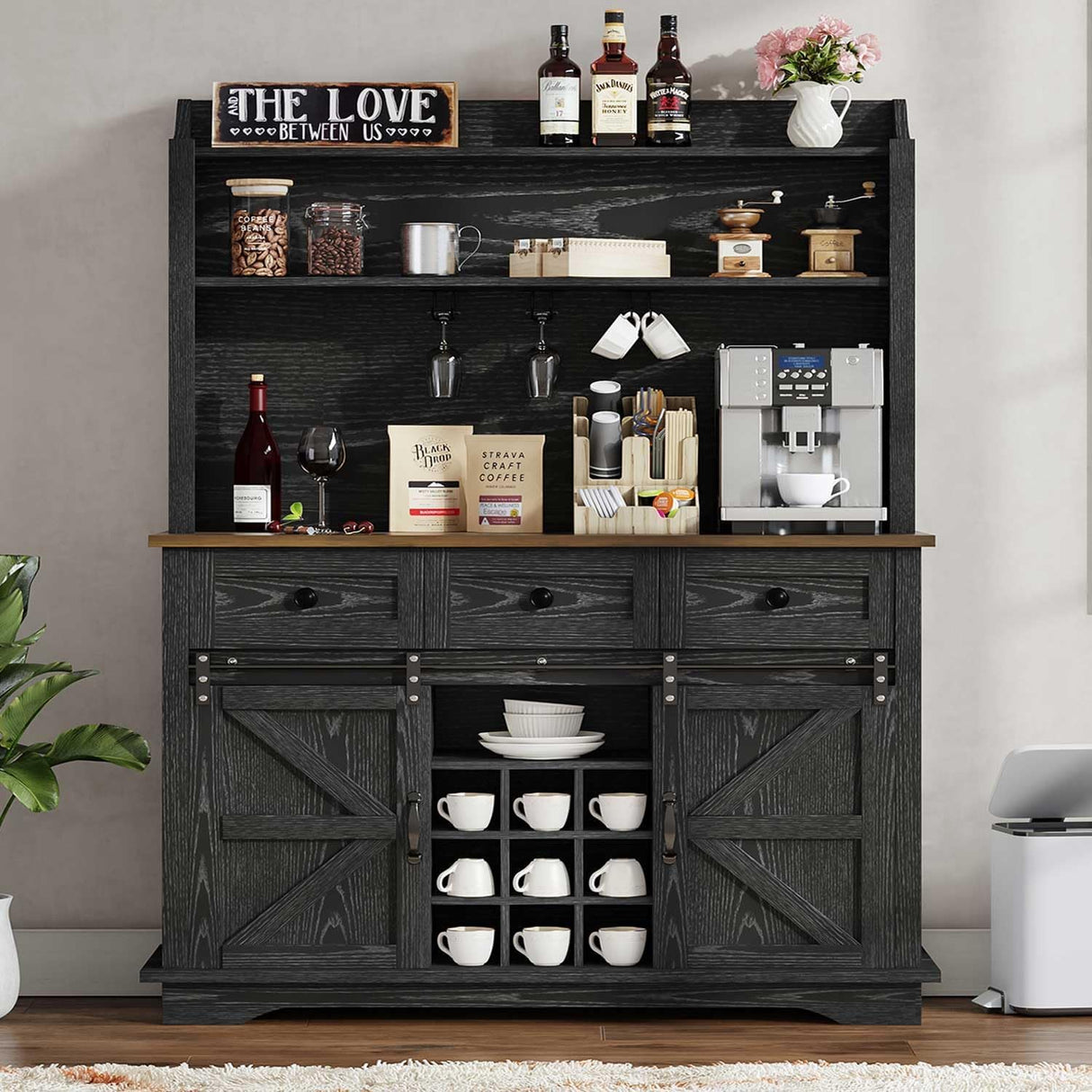 REVOMINCA 63 Inch Tall Coffee Bar Cabinet with 3-Tier, Kitchen Hutch with 3 Large Drawers, Farmhouse Coffee Bar with 9 Wine Racks & 3 Glass Holders, Wine Storage Cabinet for Living Dining Room, Black REVOMINCA