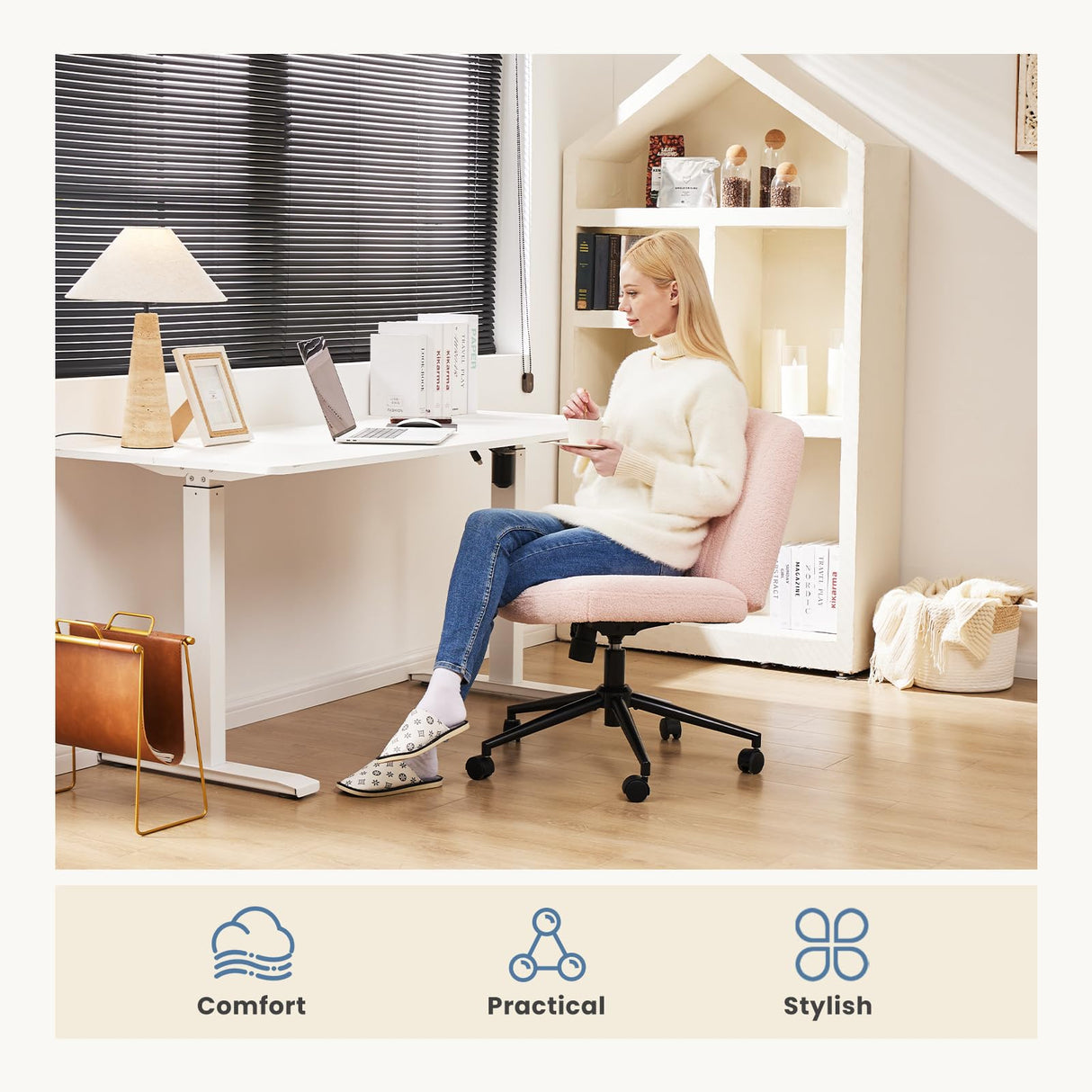 DUMOS Criss Cross Chair with Wheels, Legged Office Armless Wide Desk Seat with Dual-Purpose Base, Adjustable Swivel Teddy Fabric Task Vanity Home Bedroom, Pink DUMOS