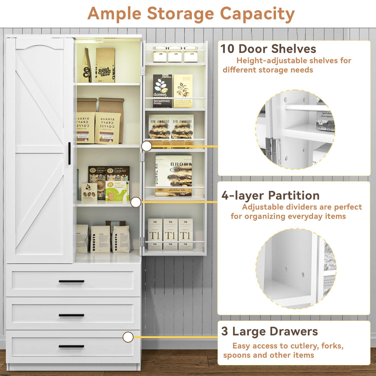 FJTJBSI 72" LED Kitchen Pantry Cabinet with 3 Drawers Farmhouse Tall Storage Cabinet Wood Food Pantry with Barn Doors and Adjustable Shelves Versatile Storage Freestanding Cupboard for Kitchen FJTJBSI