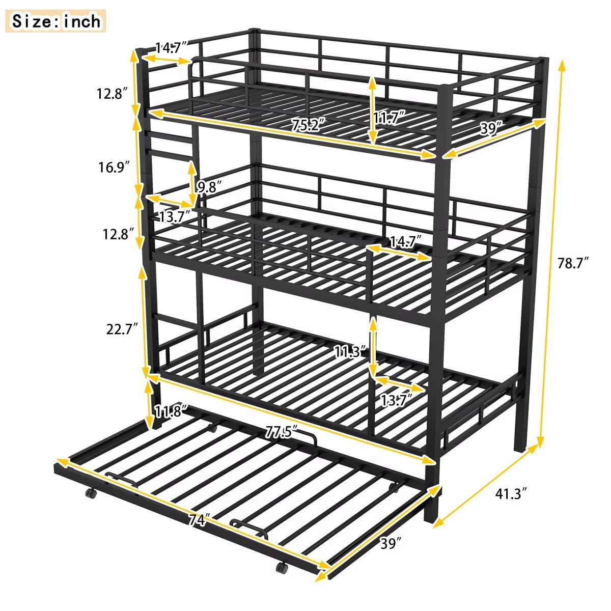 JIJIWANG Metal Twin Size Triple Bunk Bed with Trundle for 4, 3 Bunk Beds with 2 Ladders & Guardrails, Convertible to 3 Separate Beds, Space-Saving, Black JIJIWANG