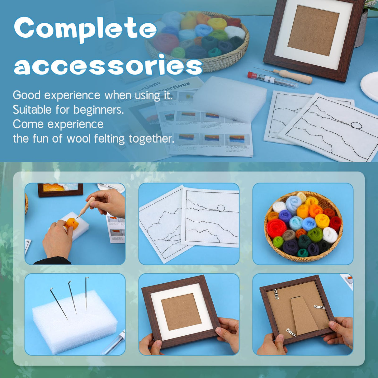 QMNNMA Needle Felting Kits for Beginners, Needle Felt Painting Kit, Wool Felting Kit with Picture Frame, Foam Pad, Felt Cloth, and Instructions, Used for Home Decoration, Art Craft QMNNMA