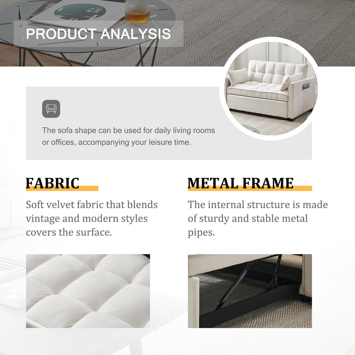 FENFSHE Futon Sofa Bed, Modern Velvet 3 in 1 Convertible Sleeper Sofa Couch Bed, Pullout Couch Bed with Adjustable Backrest, Storage Pockets and Toss Pillows for Living Room, Bedroom (Beige) FENFSHE