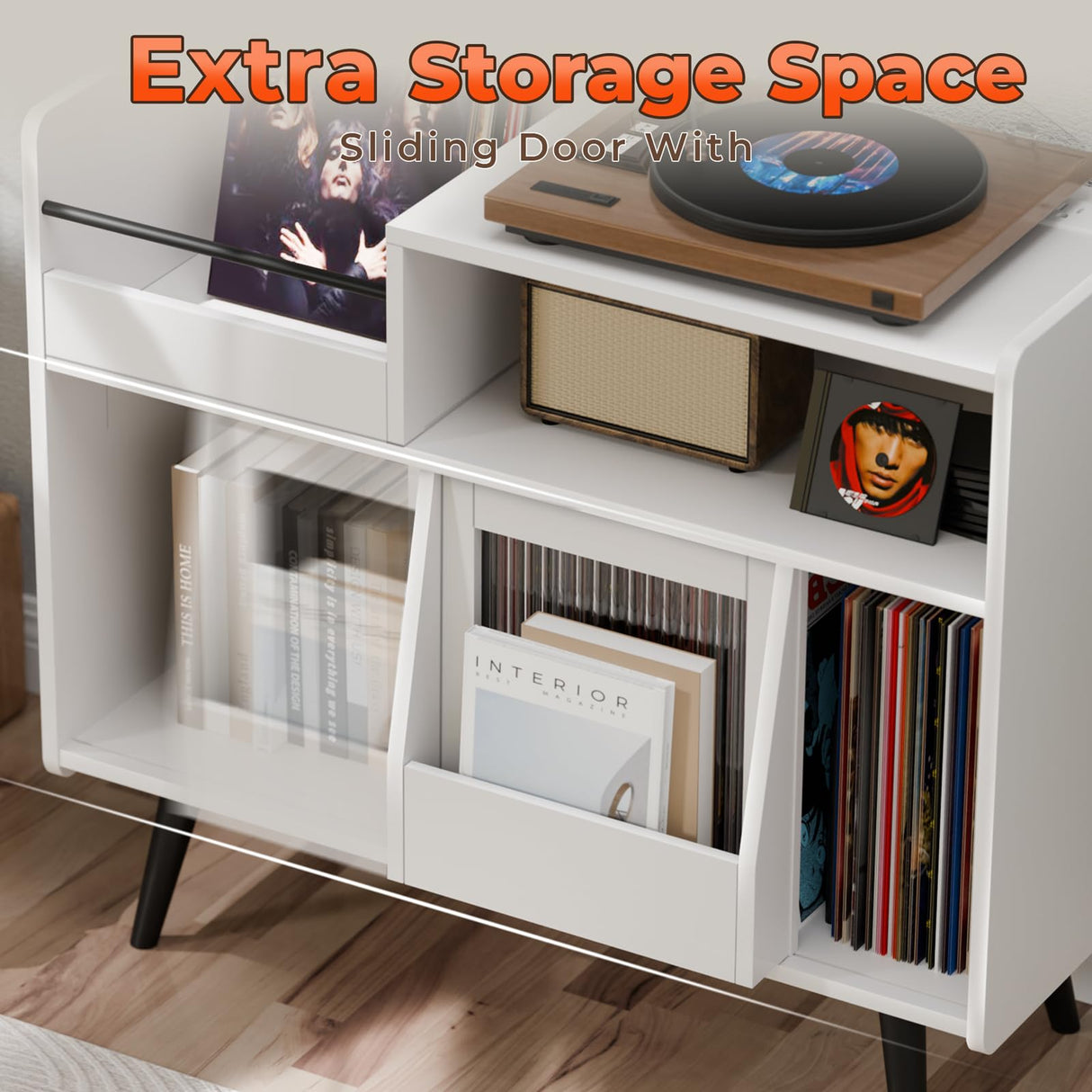 MULEJYBO Large White Record Player Stand with Sliding Door,350 Vinyl Record Storage Cabinet, Record Player Table with Power Outlet and LED Light,Turntable Stand with Wood Legs for Living Room,Office MULEJYBO