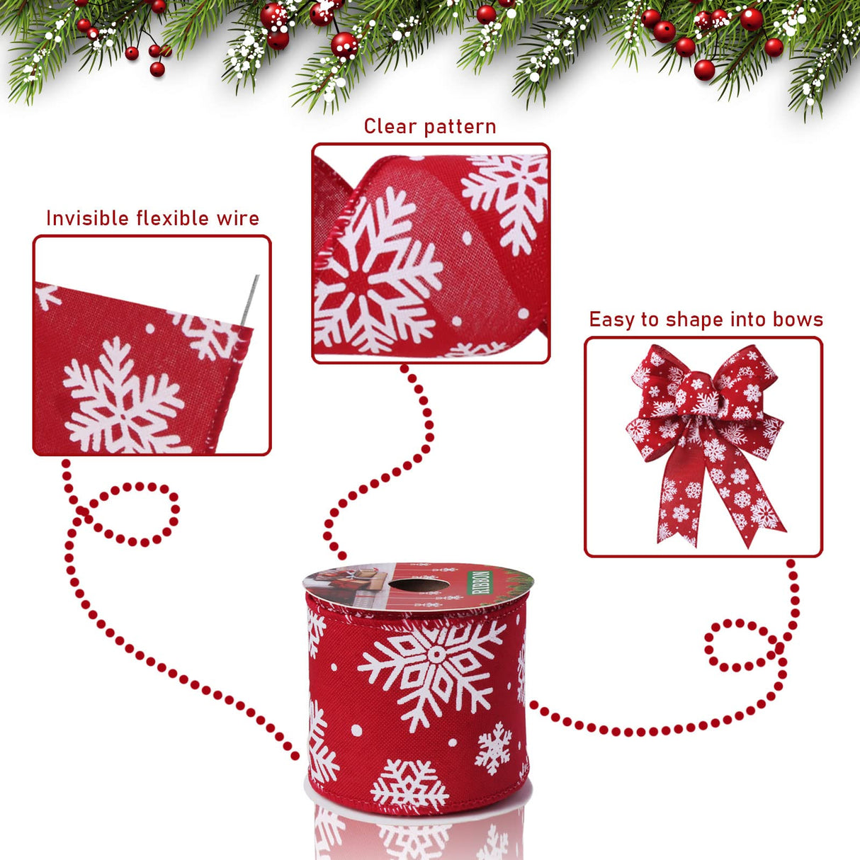 Vloso Christmas Ribbon Wired 2.5 Inch,6 Roll 30 Yards Christmas Wired Ribbon,Incl. Santa/Snowman/Snowflake/Buffalo Plaid Ribbon for Wreaths Bows Holiday Xmas Decor DIY Crafts Vloso