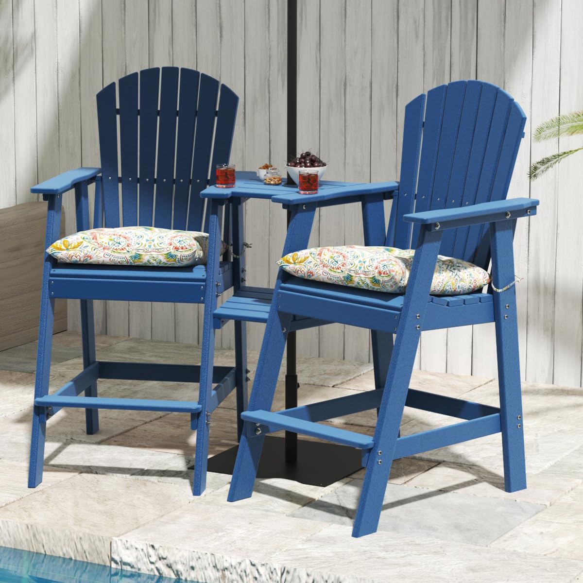 Sundale Outdoor Tall Adirondack Bar Set, Patio Umbrella Table and Bar Chairs Set of 2, 3 Pieces Counter Height Dining Bistro Set, Pub Table with HDPE Stools, 2 Umbrella Hole Caps, Navy Blue Sundale Outdoor