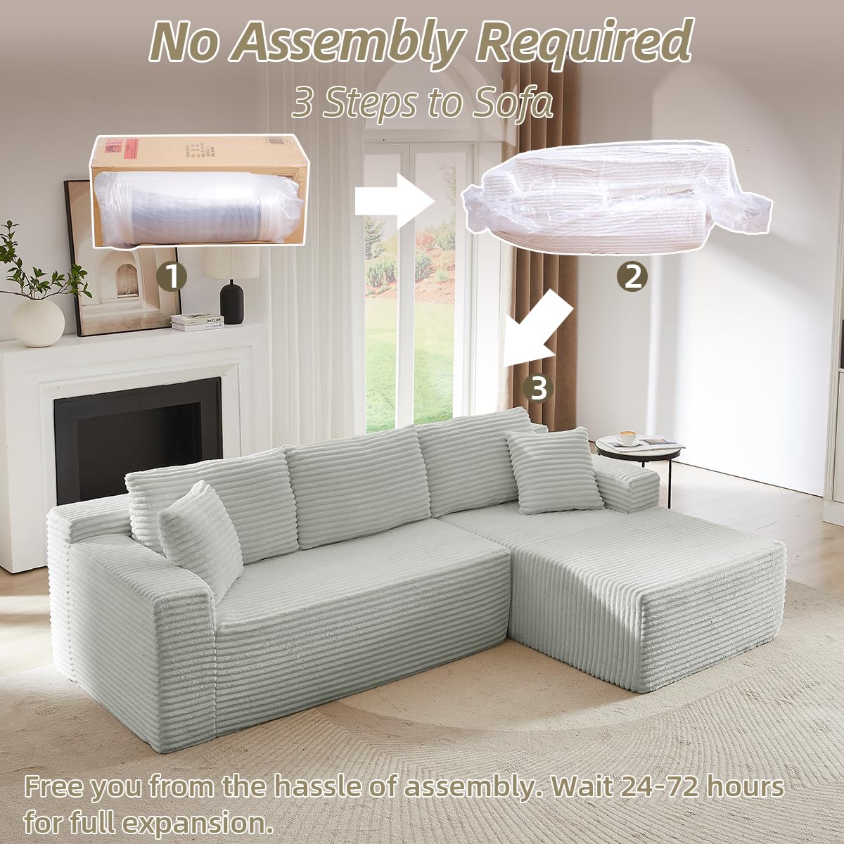 Modular Cloud Sectional Couch with L-Shape Chaise,Modern Upholstered Couches with Deep Seat,Corduroy Sponge Compressed Sofa for Living Room, Bedroom,No Assembly Required(Light Gray) ZKJOLMN