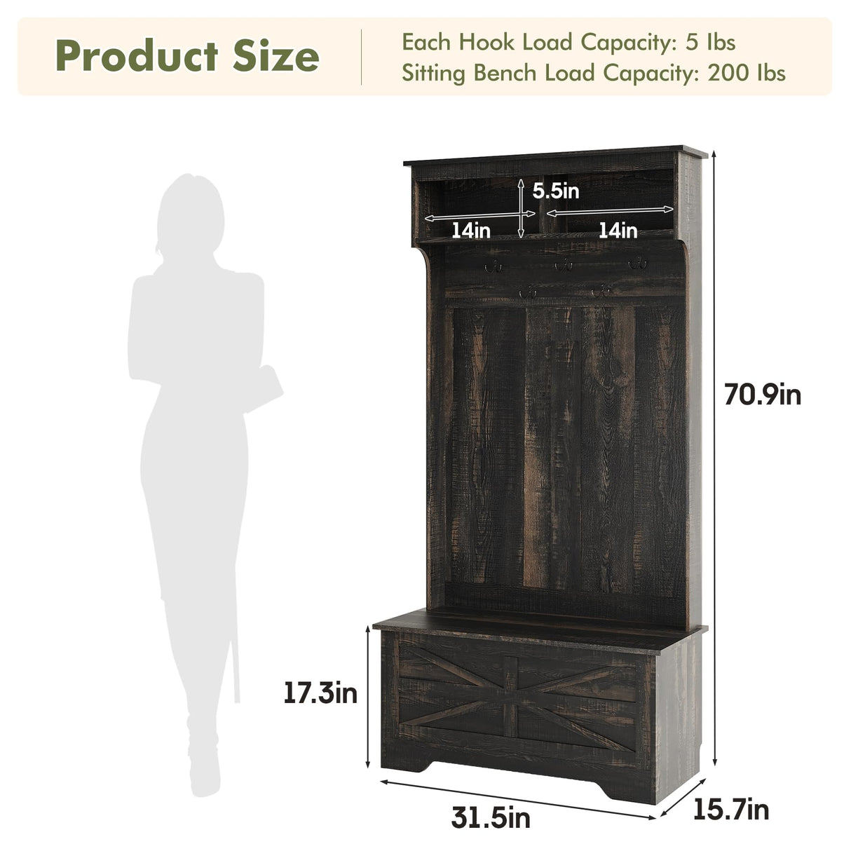 Maupvit Hall Tree with Storage Bench, 71" Entryway Bench with Coat Rack & Storage Cabinet, 4-in-1 Mud Room Organization with Seating, 5 Hooks, Retro Accent Coat Tree for Living Room, Rustic Dark Brown Maupvit