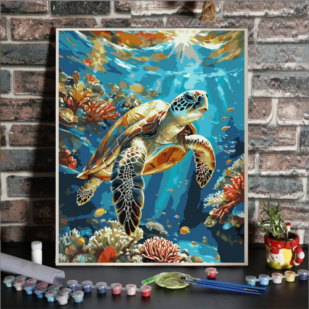 ldazao Painting by Numbers for Adults Number Oil Painting Kit Paint by Numbers Kit Beginner Turtle DIY Painting Kits for Adults Without Frame Paint by Number On Canvas for Gift Home Wall Decor ldazao