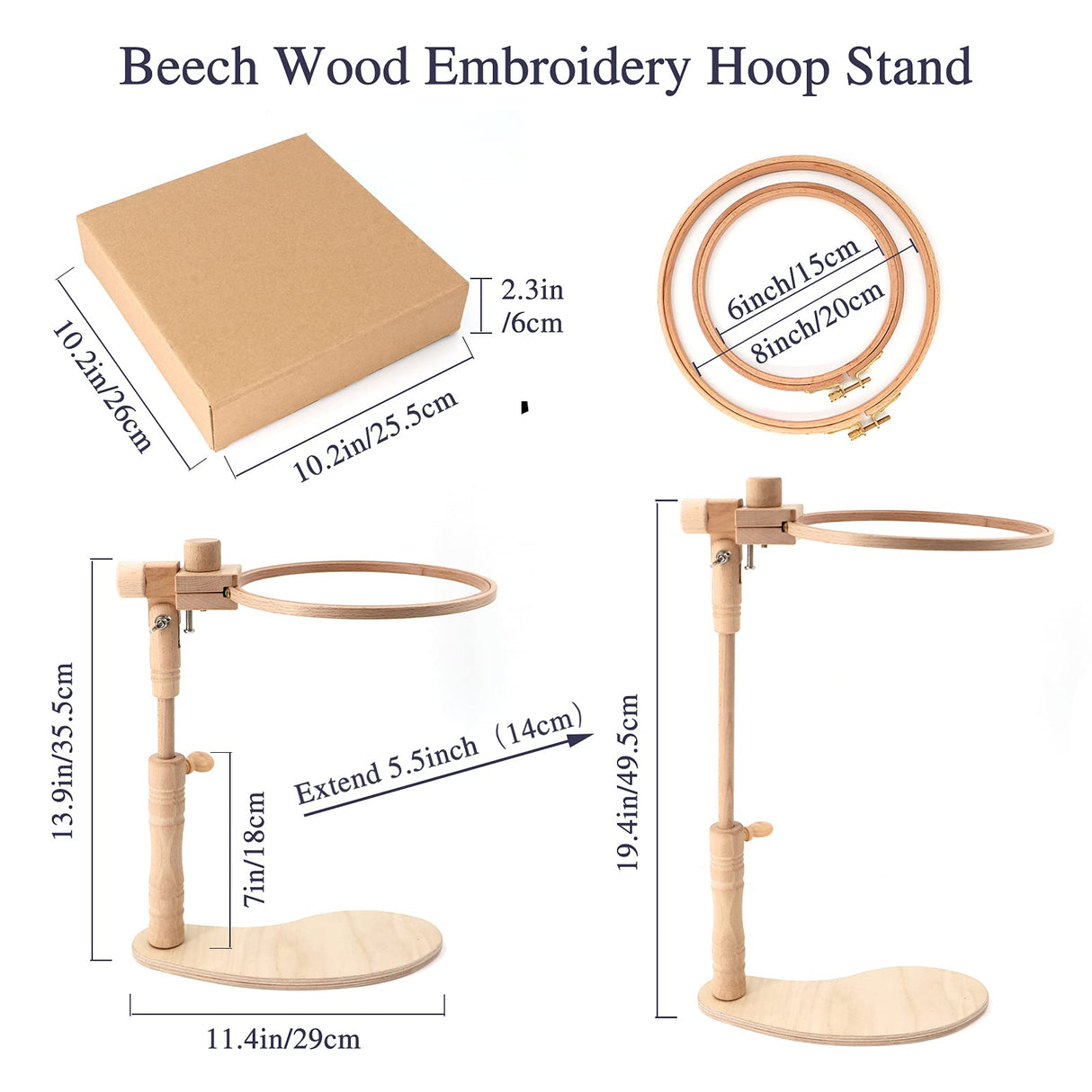 ZOCONE Beech Wood Adjustable Rotated Embroidery Hoop Stand with 2 Pcs 6'' 8'' Embroidery Hoops, Wooden Embroidery Stand, Embroidery Hoop Holder for Cross Stitch and Embroidery Project (A) ZOCONE