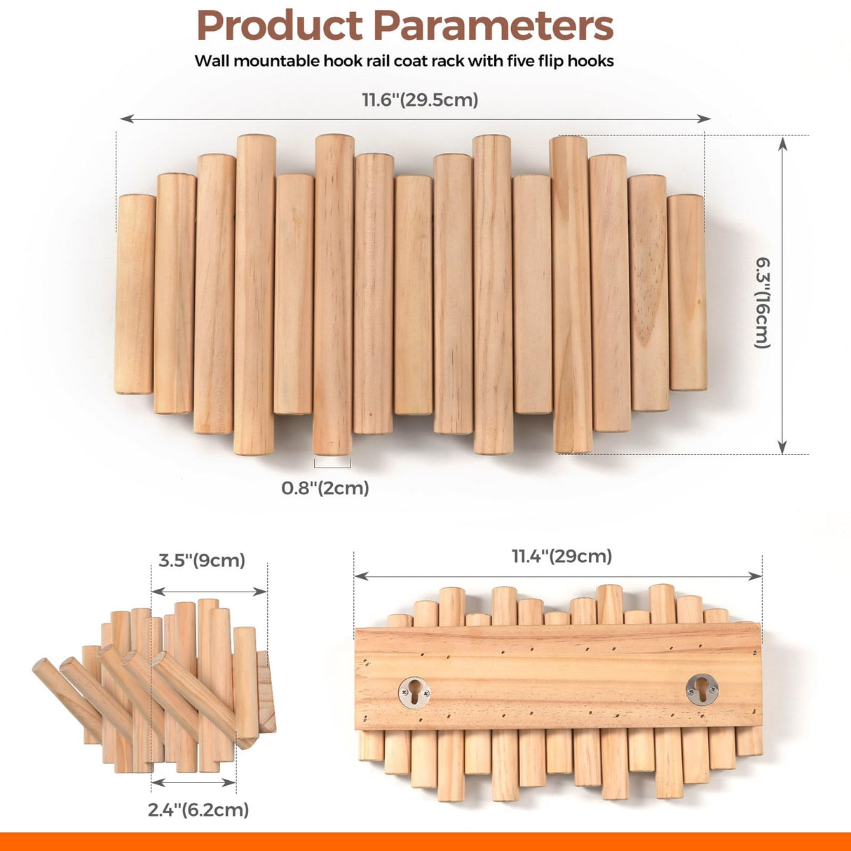 BIRTIMO Wall Mounted Coat Rack with 5 Retractable Wooden Pegs – Modern Design, Space-Saving Storage Organizer in Natural Wood BIRTIMO