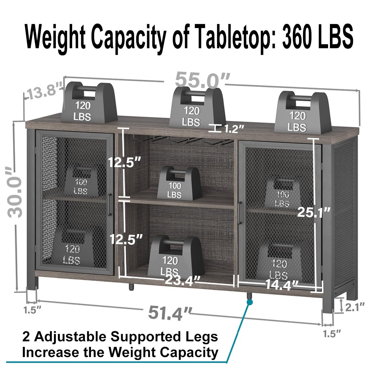 Launica Liquor Bar Cabinet, Industrial Wine Bar Cabinet, Rustic Sideboard Buffet Cabinet for Liquor, Glasses & Coffee Bar with Storage Rack for Home Kitchen Dining Room, Dark Grey Oak, 55 In Launica