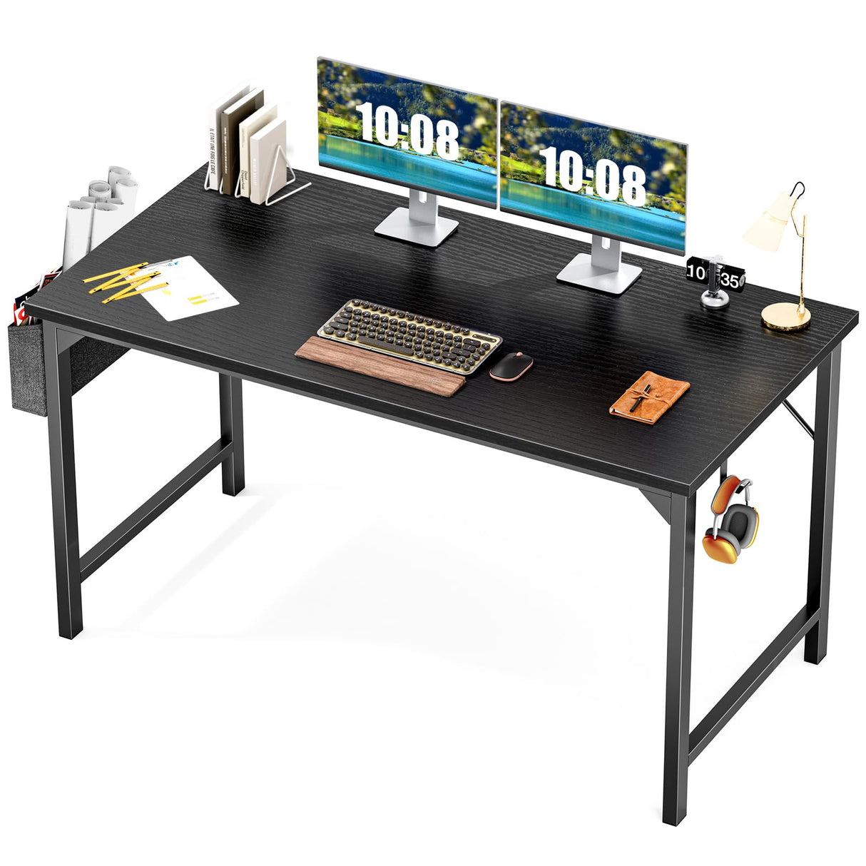 OLIXIS Computer Office Desk, 48 Inch Writing Work Study PC Wood Modern Table with Storage Bag & Headphone Hook Simple Bedroom for 2 Person Kids Student Table, Black OLIXIS