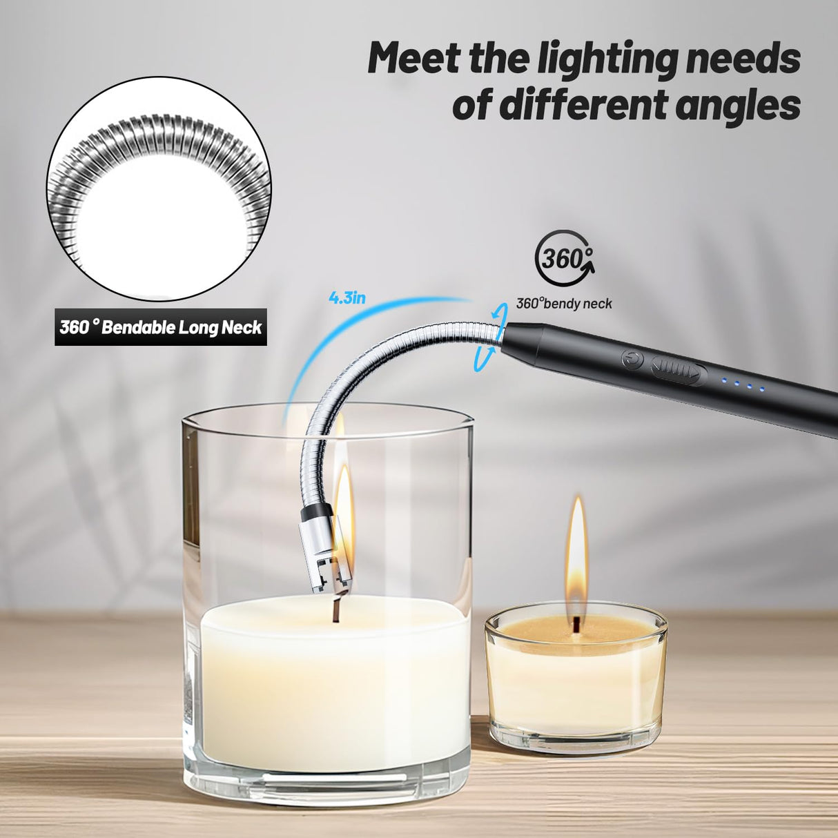 VEHHE Electric Lighter with 360° Flexible Neck, Flameless Windproof Long Candle Lighter with Led Battery Display, USB C Rechargeable Lighter with Hanging Hook for Gifts BBQ Fireworks (Black) VEHHE