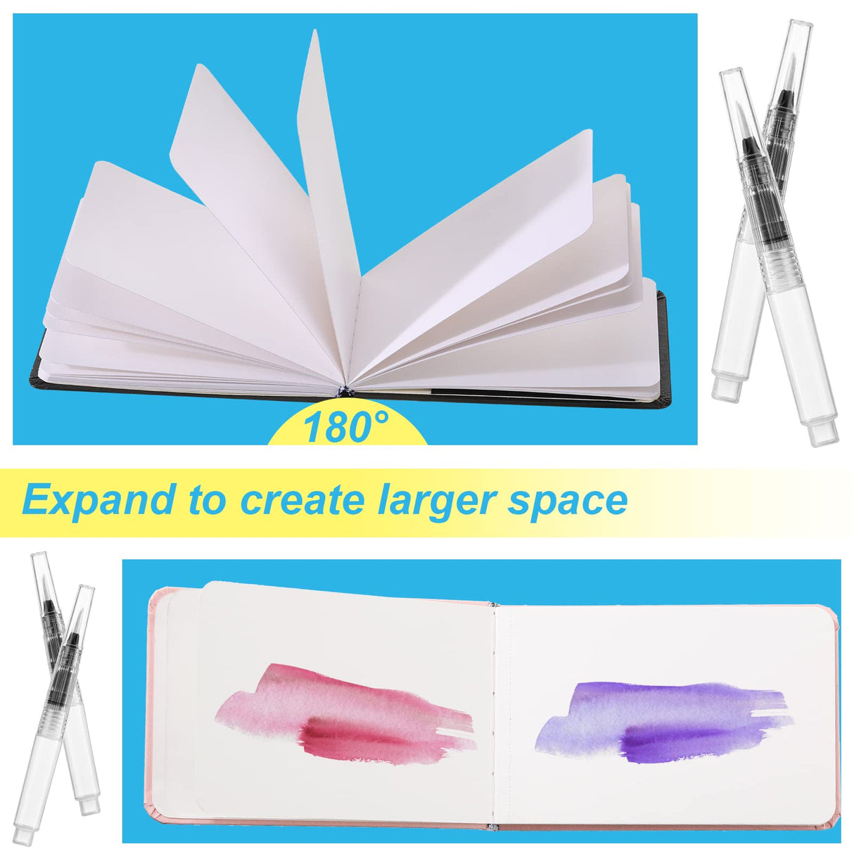 Teling 2 Pcs Watercolor Paper Sketchbook with 3 Pcs Watercolor Brush Pens, Small Portable Sketchbook Journal Pocket Notebook Travel for Painters Art Supplies(7.6 x 5.3 Inch) Teling